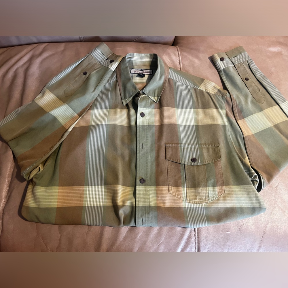Tommy Bahama Green and Tan Plaid Shirt